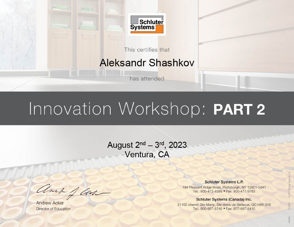 Shluter Systems Certificate for Aleksandr Shashkov, Part 2, 2023
