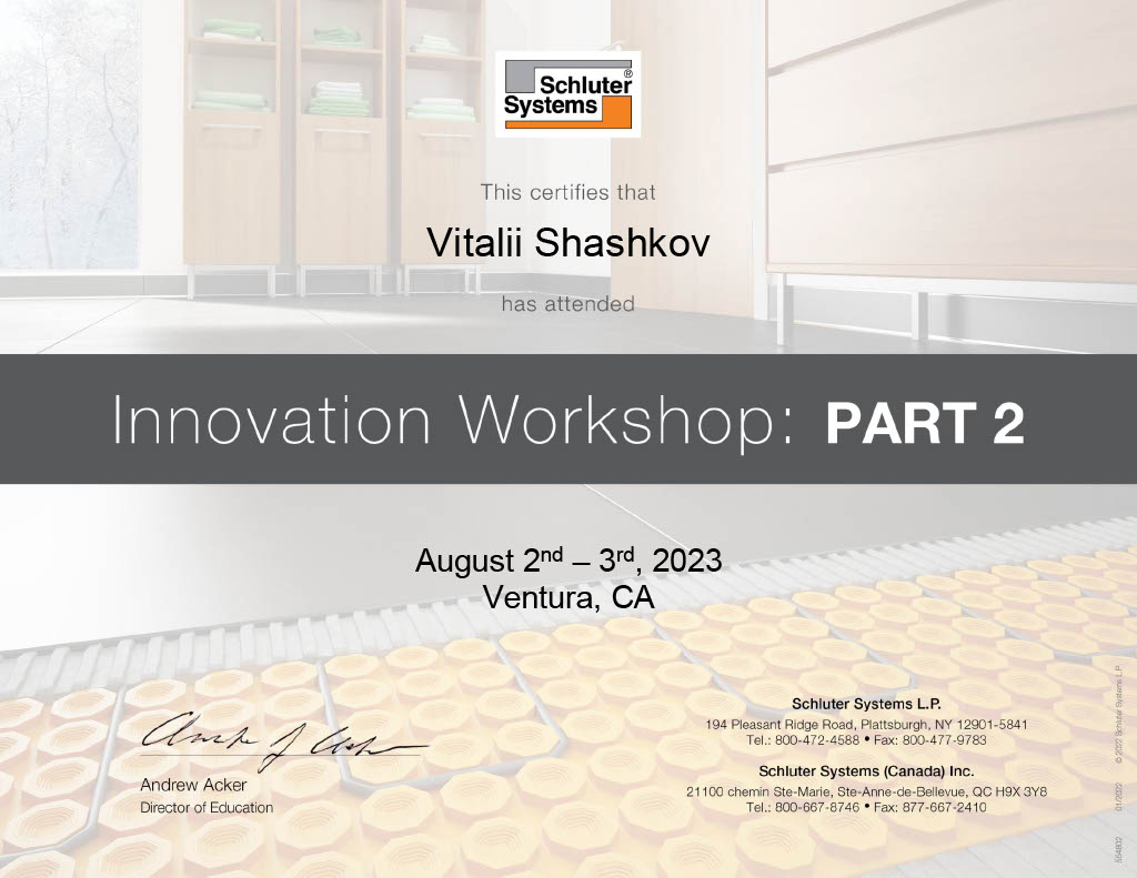 Shluter Systems Certificate for Vitalii Shashkov, Part 2, 2023
