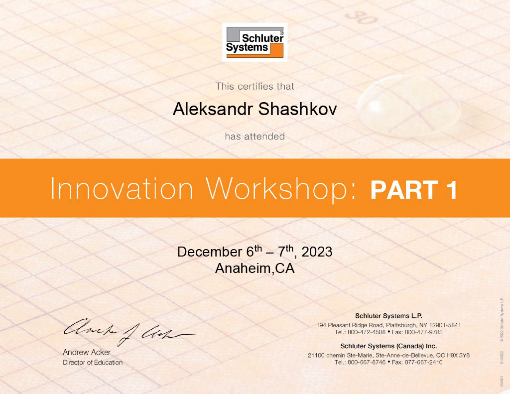 Shluter Systems Certificate for Aleksandr Shashkov, Part 1, 2023