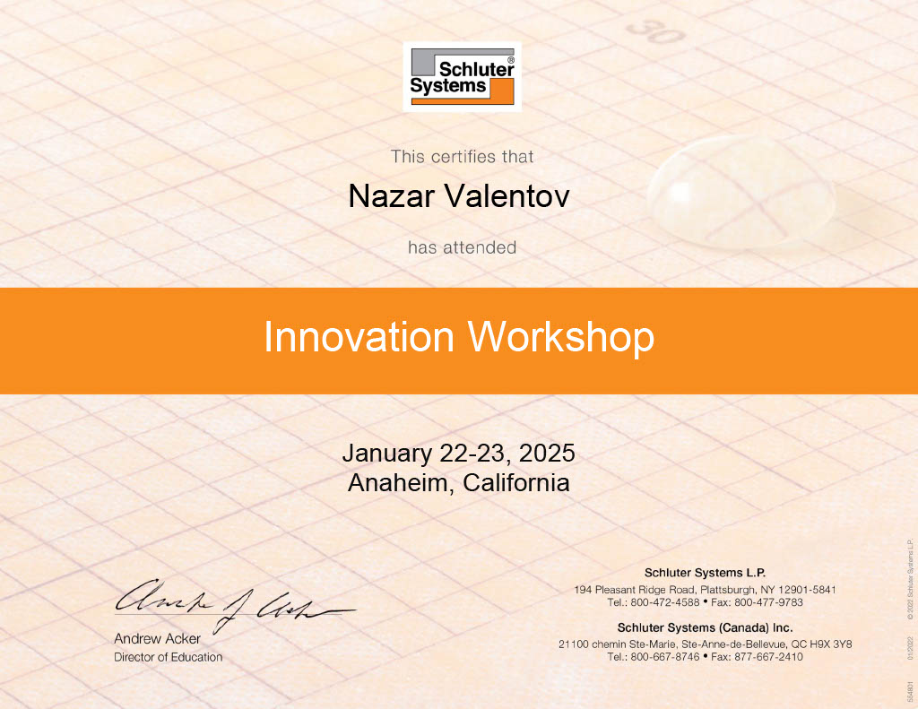 Shluter Systems Certificate for Nazar Valentov, 2025